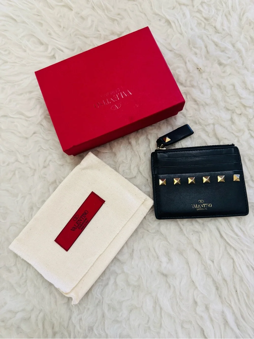 Valentino Black Leather Rockstud Zip Card Wallet with Gold Accents